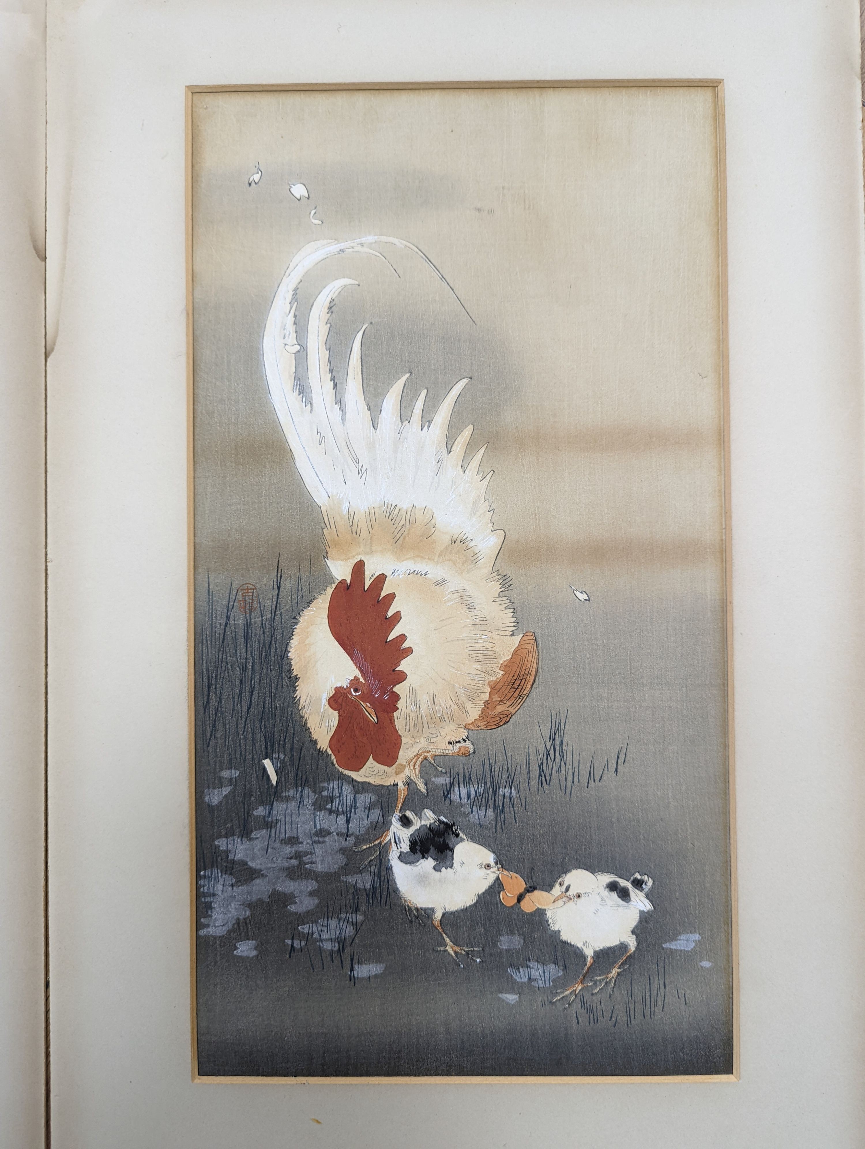 Ohara Koson (1877-1945), pair of woodblock prints, Study of chickens and an eagle, 34 x 18cm, unframed